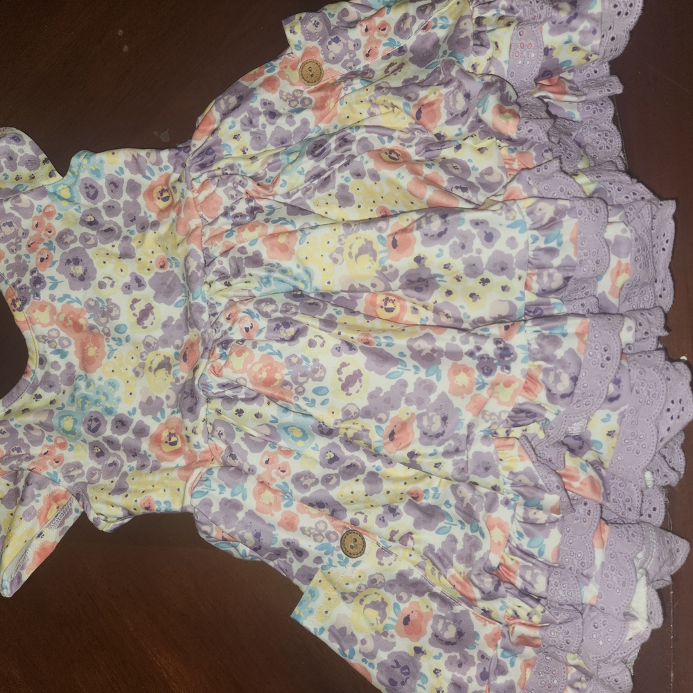 cheeky plum 3T Whispering Garden Pastel Floral with Lavender Lace Ruffle Trim